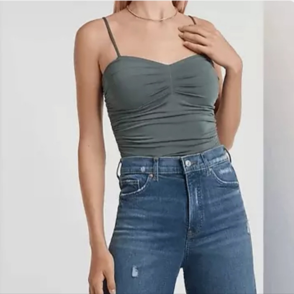 Express Body Contour Compression Ruched Bodysuit With Bra Cups Size Medium Green